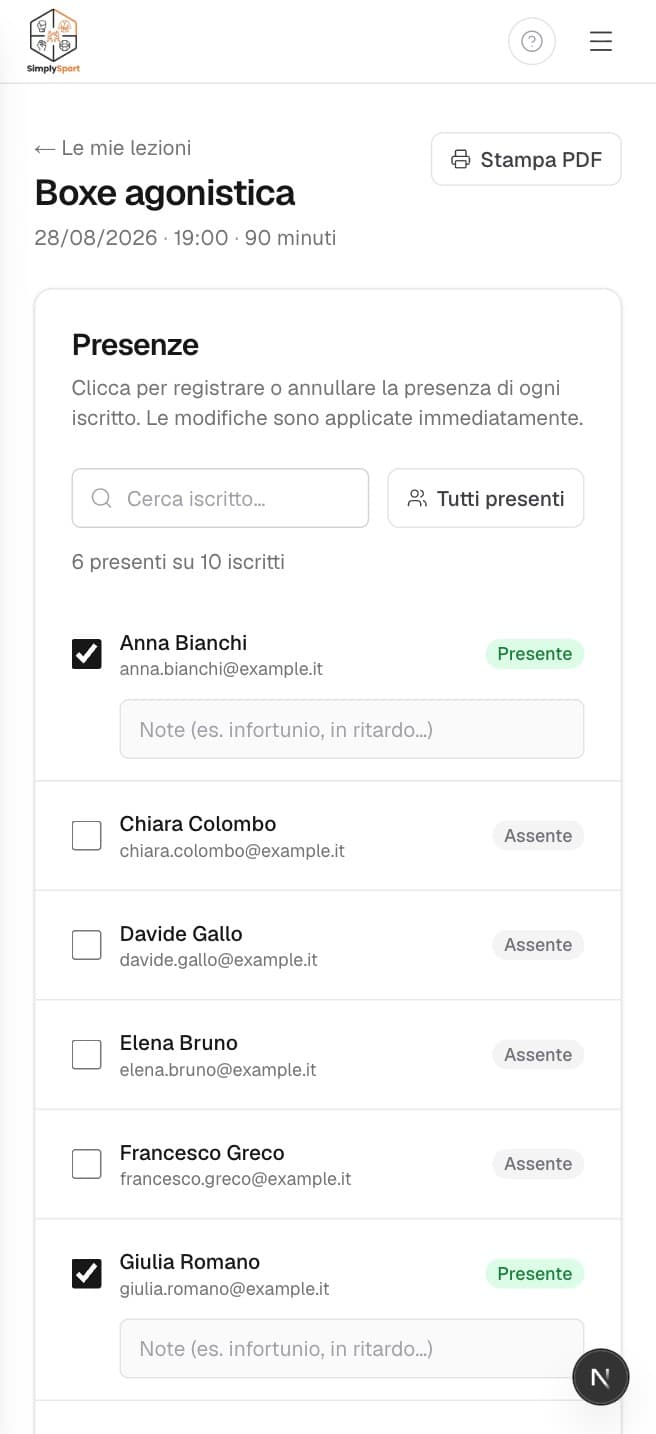 Vue mobile de l'appel d'un cours, avec la liste des membres et leur statut présent/absent