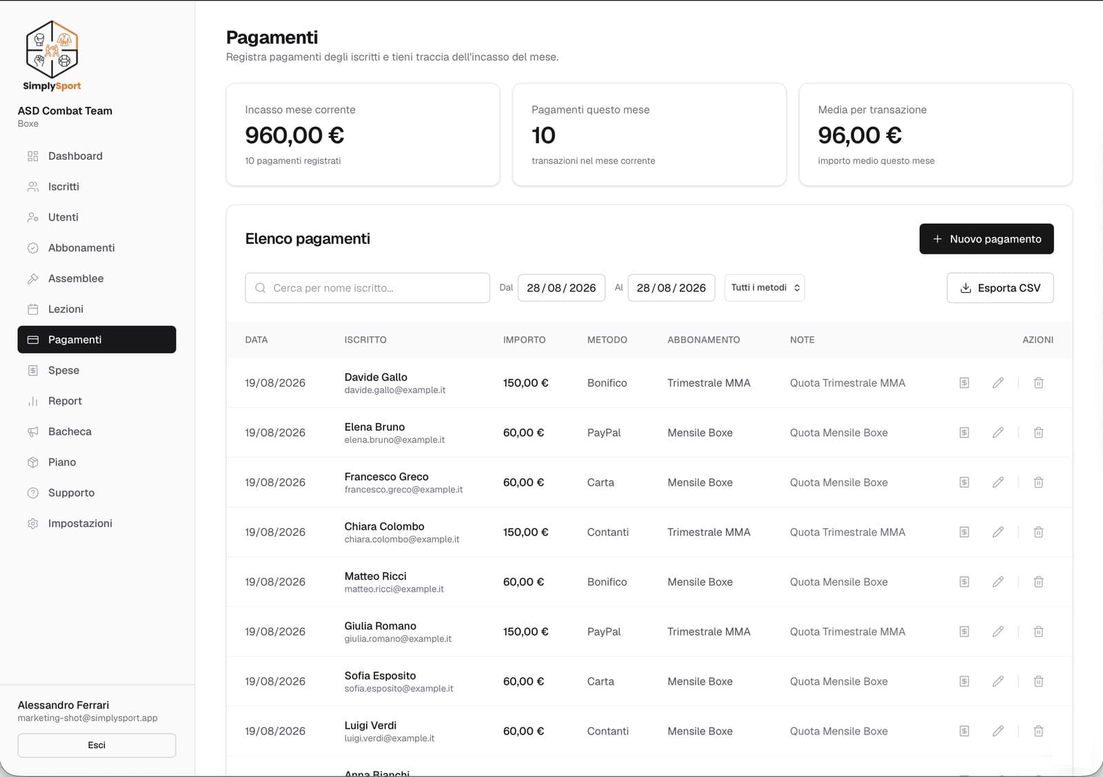 Liste des paiements avec date, montant, mode de paiement et bouton pour télécharger le reçu